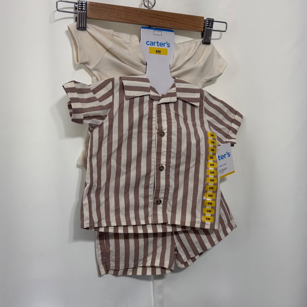 Carters Baby Boy 3pc Outfit Set Striped Button Down Shirt Shorts Bodysuit 6M NEW